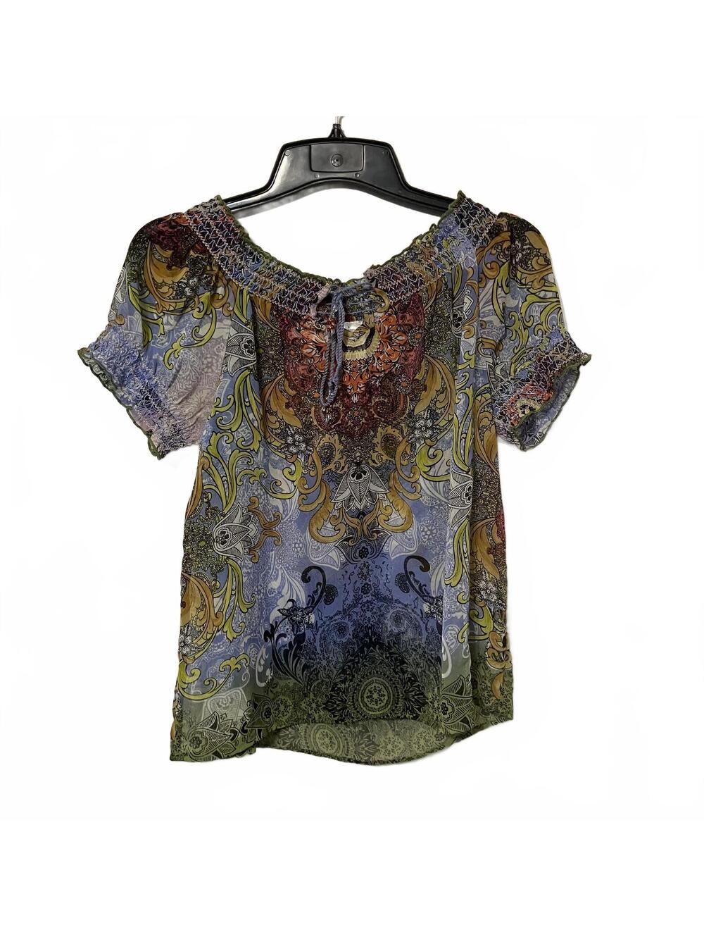 Forbidden Boho Indie Women's Paisley Fairycore Smocked Neck Peasant Top Small